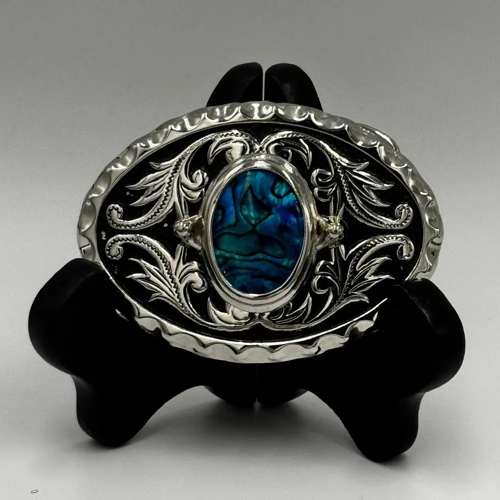 Western Silver Tone Oval Belt Buckle Blue Abalone Shell Inlay Floral‎ Scrollwork